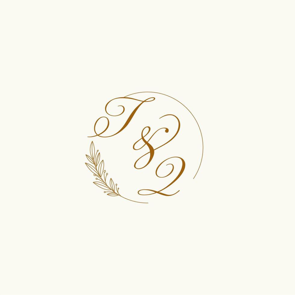 Initials TQ wedding monogram logo with leaves and elegant circular lines vector
