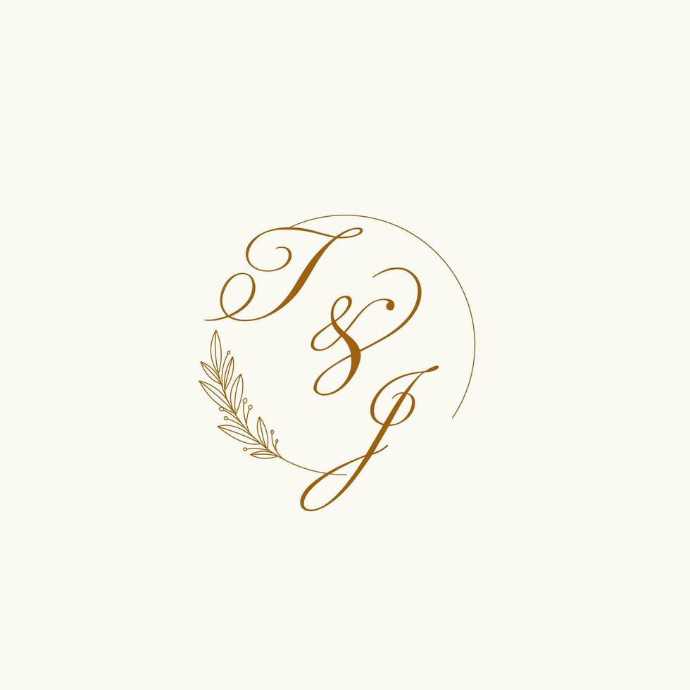 iniciales tj Boda monograma logo con hojas y elegante circular líneas vector