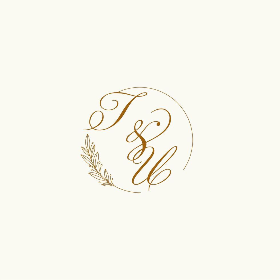 Initials TU wedding monogram logo with leaves and elegant circular lines vector