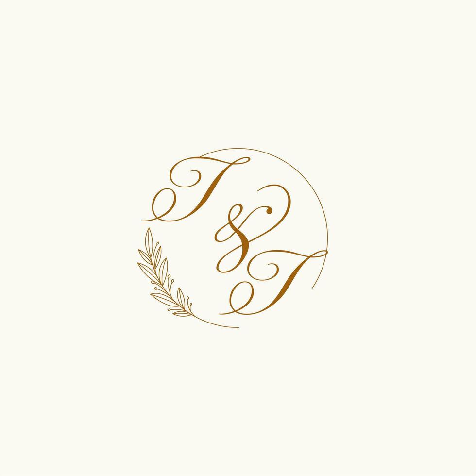 iniciales tt Boda monograma logo con hojas y elegante circular líneas vector