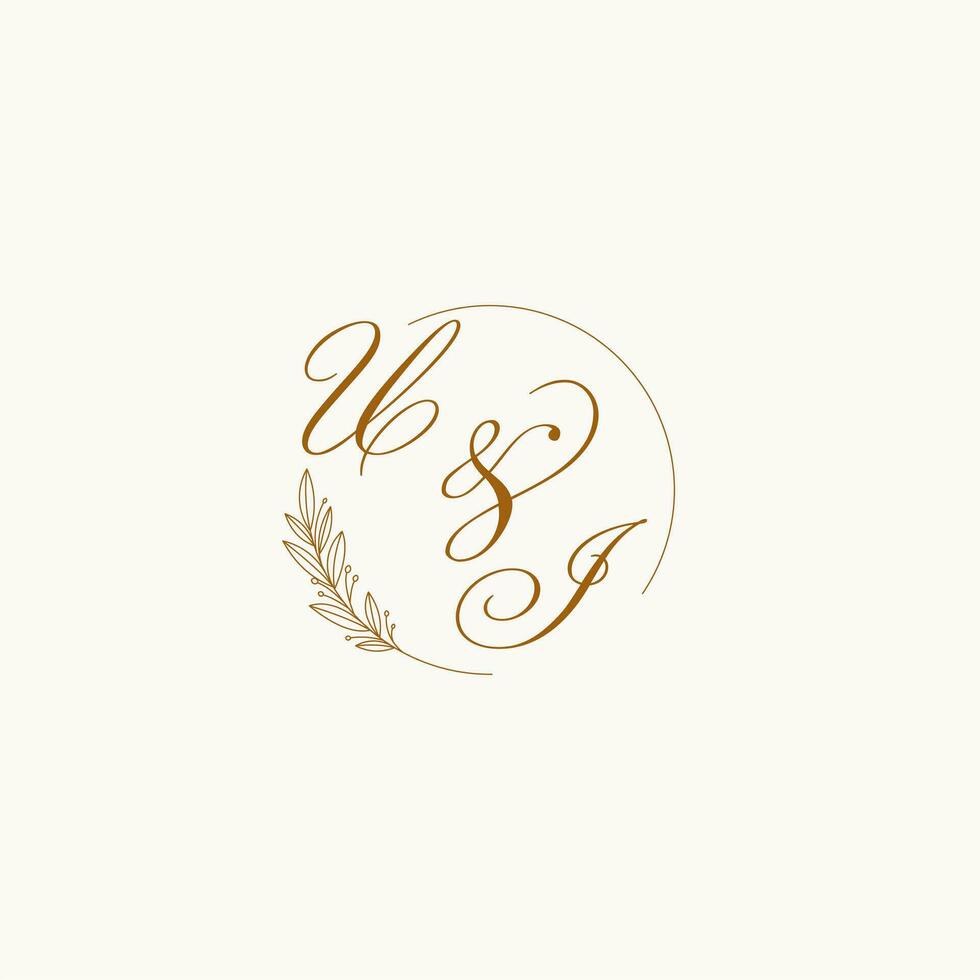 Initials UI wedding monogram logo with leaves and elegant circular lines vector