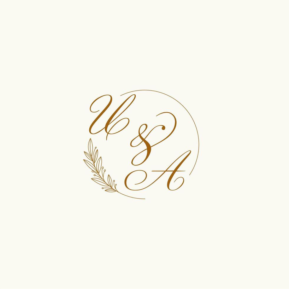 Initials UA wedding monogram logo with leaves and elegant circular lines vector