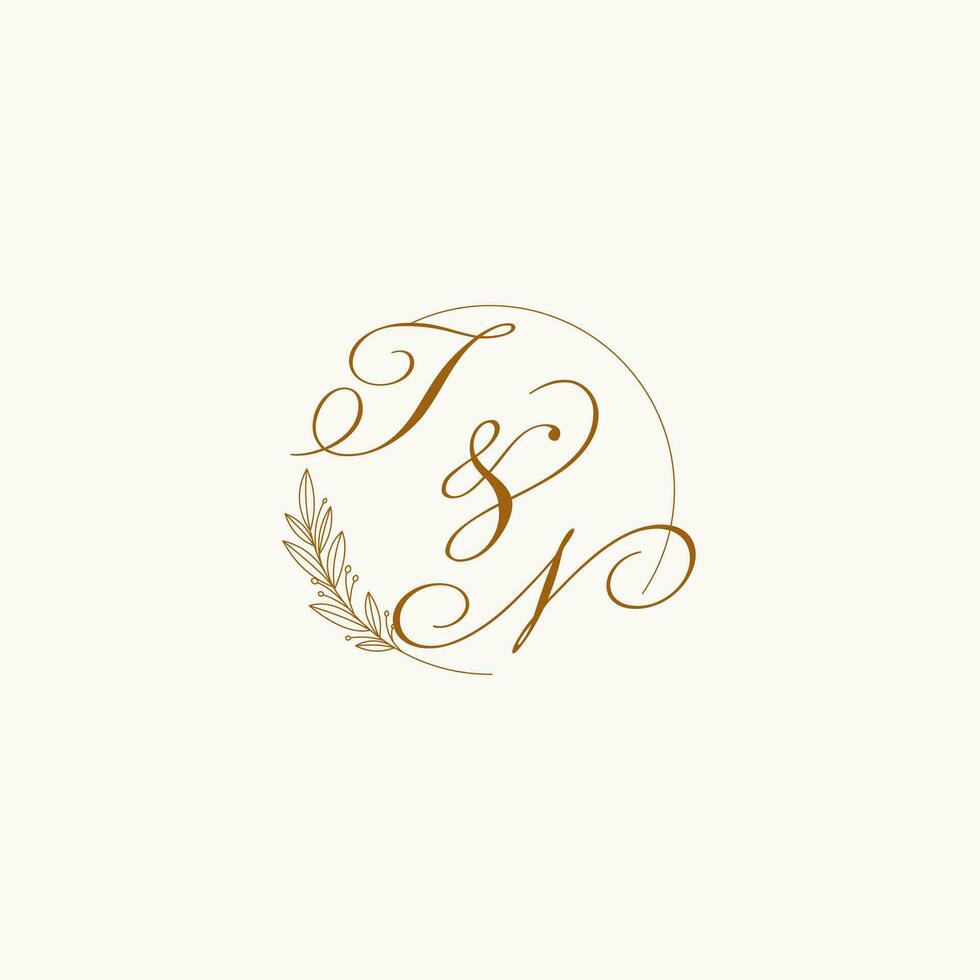 Initials TN wedding monogram logo with leaves and elegant circular lines vector