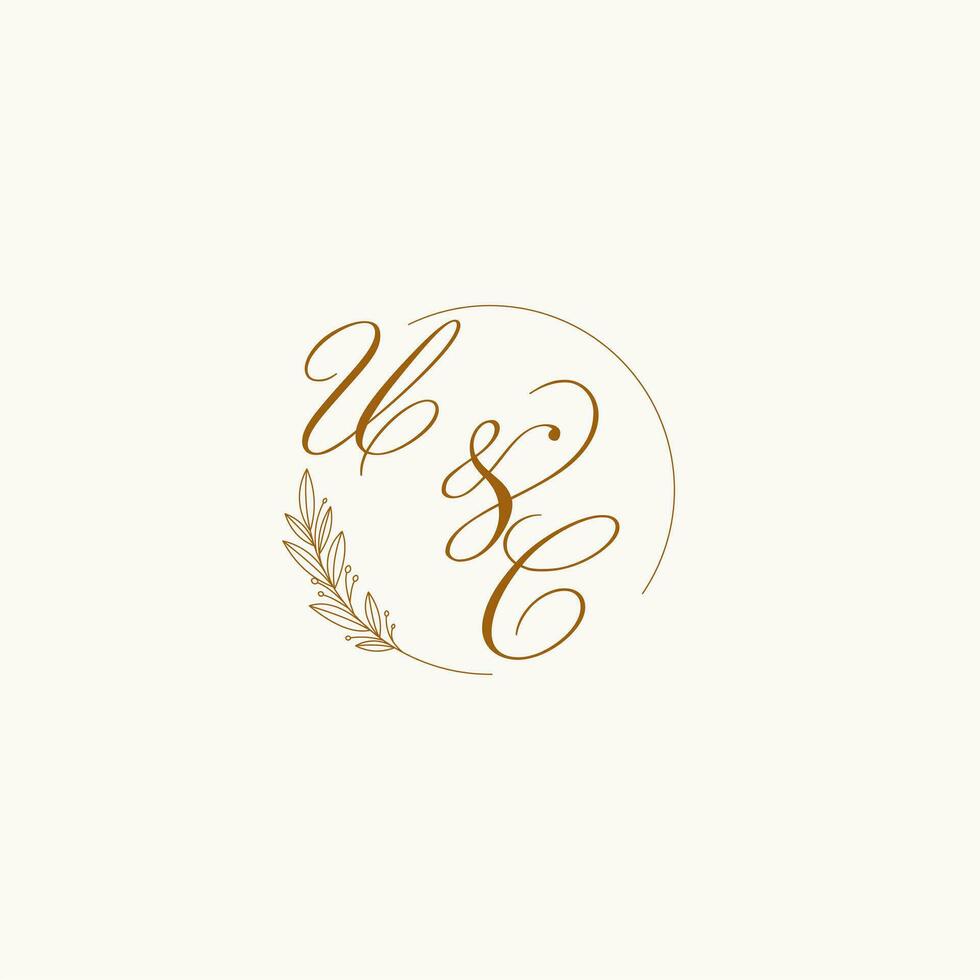 Initials UC wedding monogram logo with leaves and elegant circular lines vector