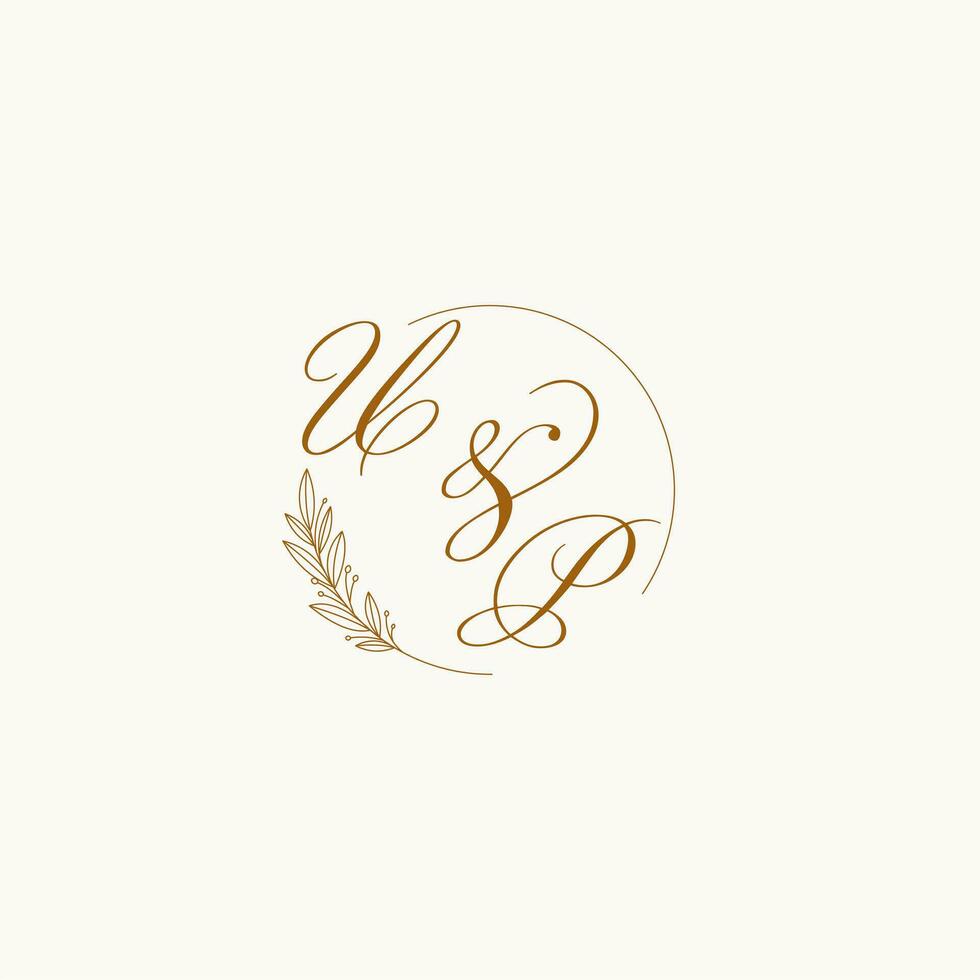 Initials UP wedding monogram logo with leaves and elegant circular lines vector