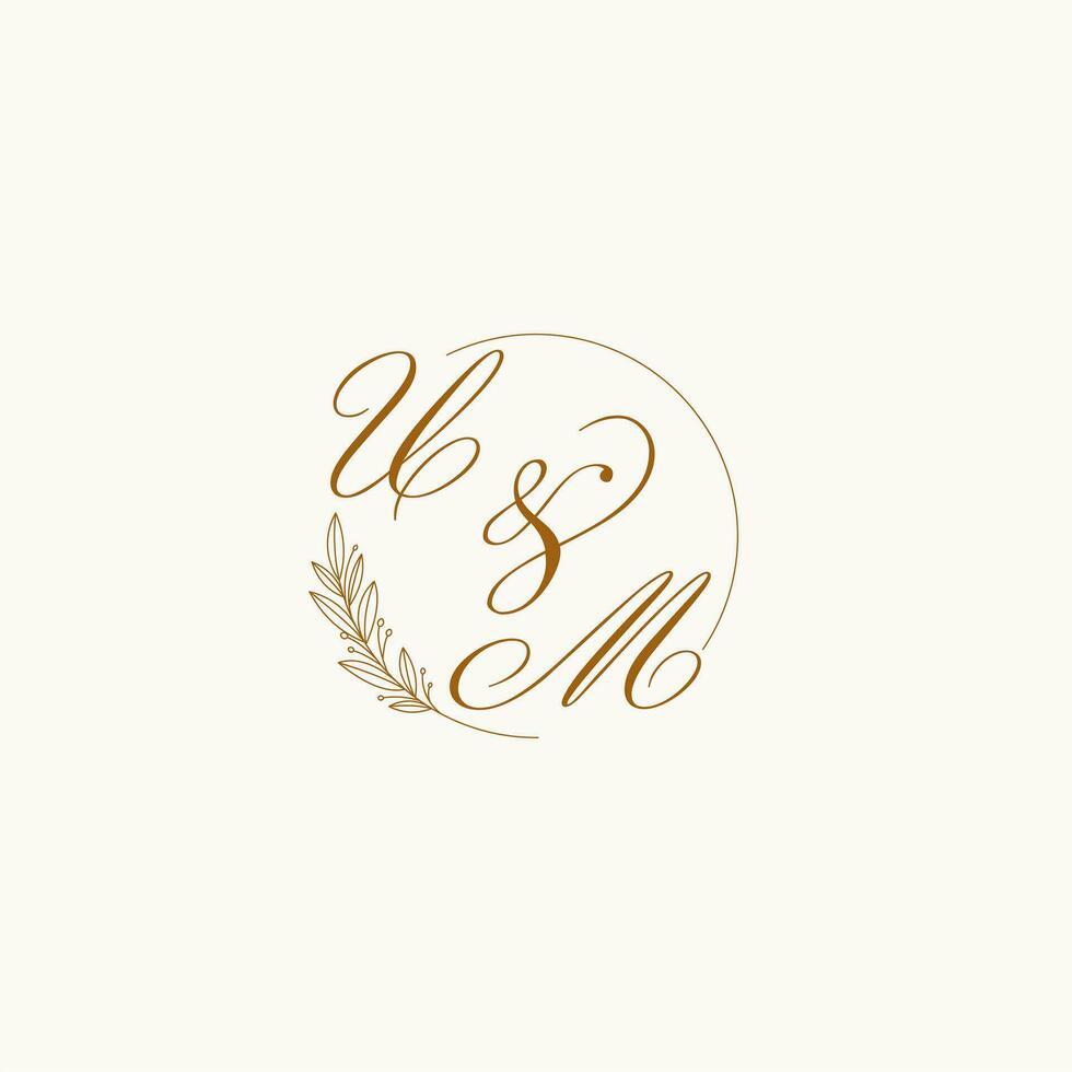 Initials UM wedding monogram logo with leaves and elegant circular lines vector