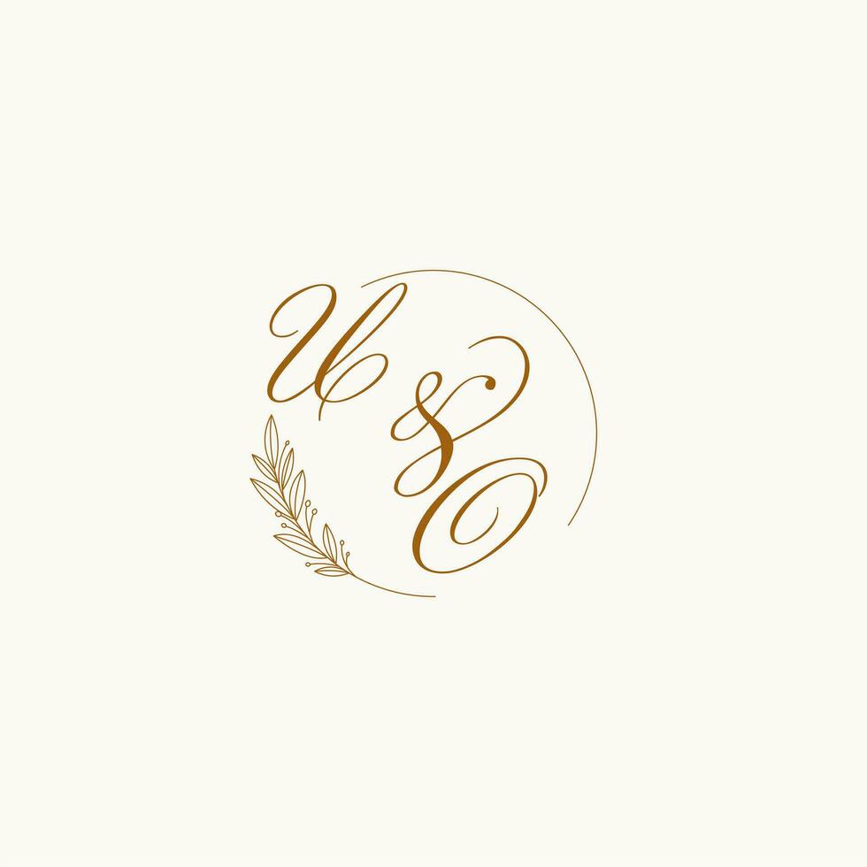 Initials UO wedding monogram logo with leaves and elegant circular lines vector