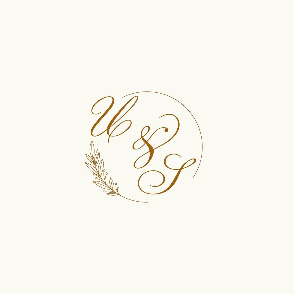 Initials US wedding monogram logo with leaves and elegant circular lines vector