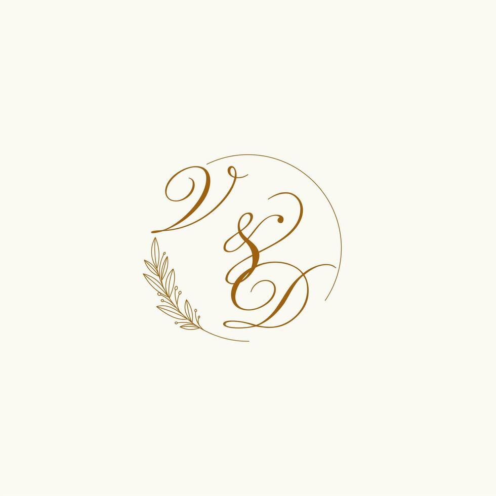 Initials VD wedding monogram logo with leaves and elegant circular lines vector