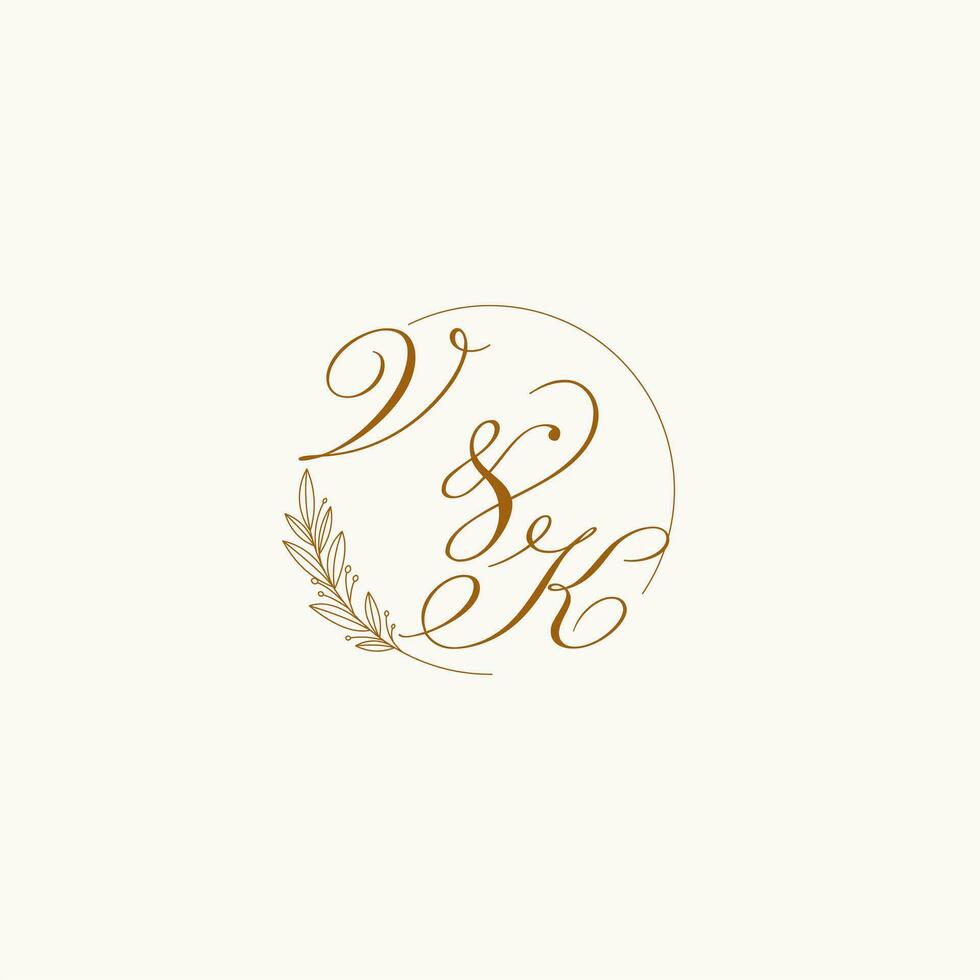 Initials VK wedding monogram logo with leaves and elegant circular lines vector