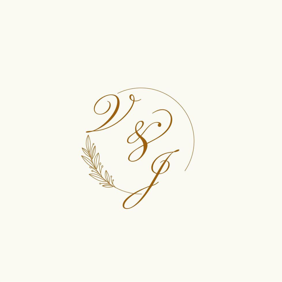Initials VJ wedding monogram logo with leaves and elegant circular lines vector