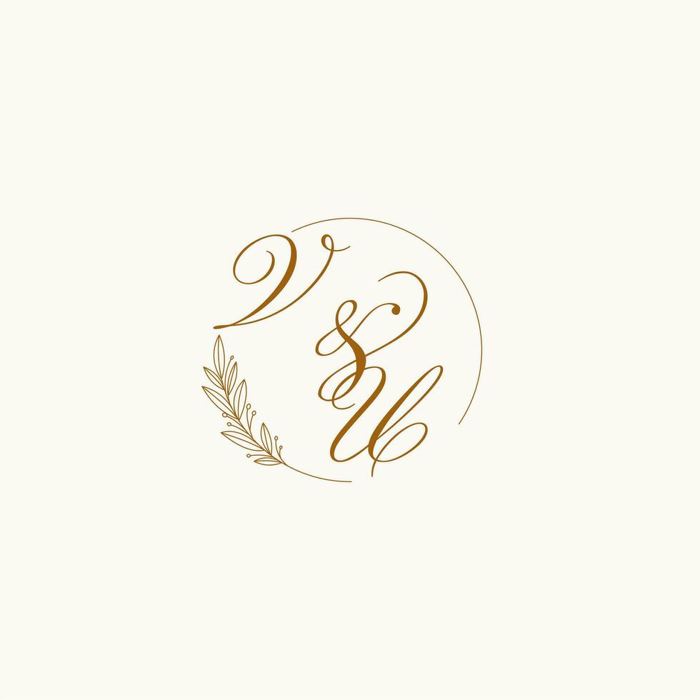 Initials VU wedding monogram logo with leaves and elegant circular lines vector