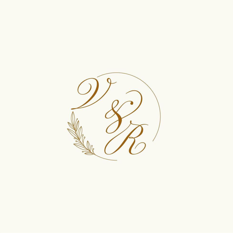 Initials VR wedding monogram logo with leaves and elegant circular lines vector