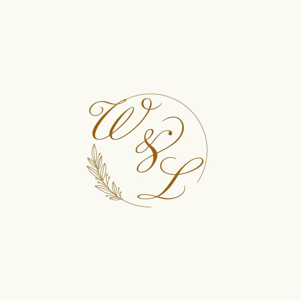 Initials WL wedding monogram logo with leaves and elegant circular lines vector