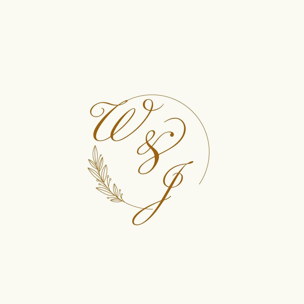 Initials WJ wedding monogram logo with leaves and elegant circular lines vector