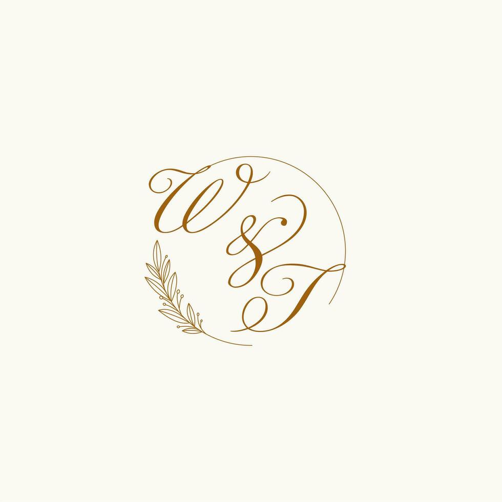 Initials WT wedding monogram logo with leaves and elegant circular lines vector
