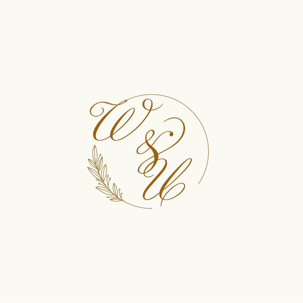 Initials WU wedding monogram logo with leaves and elegant circular lines vector