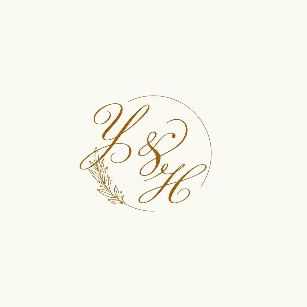 Initials YH wedding monogram logo with leaves and elegant circular lines vector