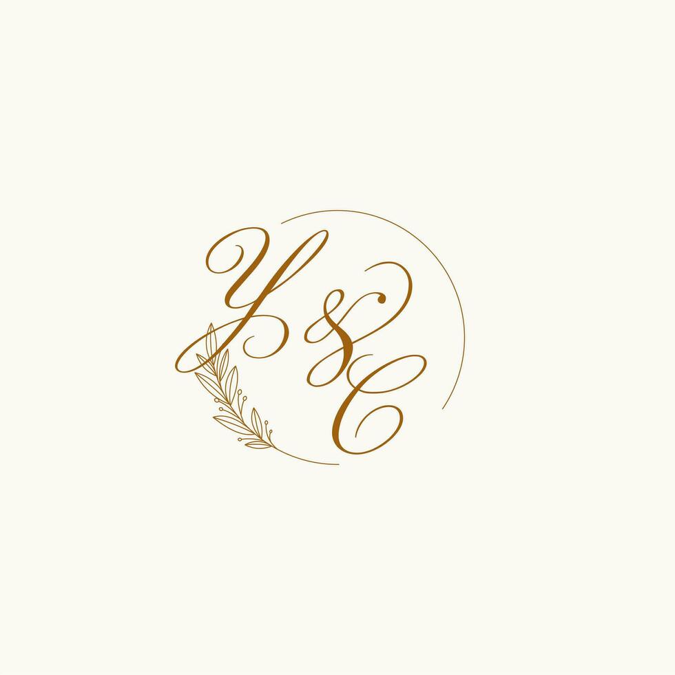 iniciales yc Boda monograma logo con hojas y elegante circular líneas vector