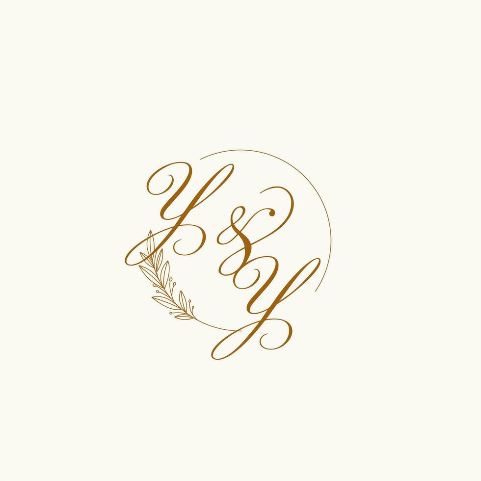 Initials YY wedding monogram logo with leaves and elegant circular lines vector