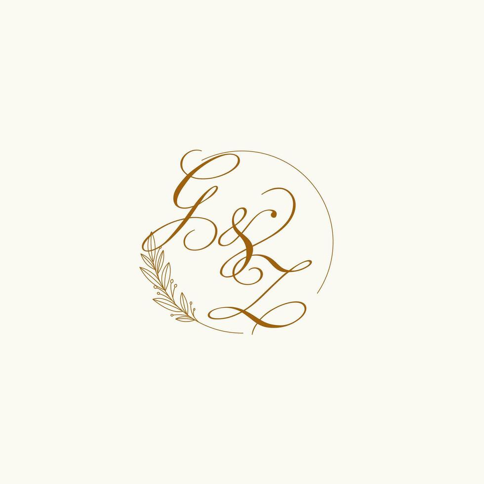 Initials GZ wedding monogram logo with leaves and elegant circular lines vector