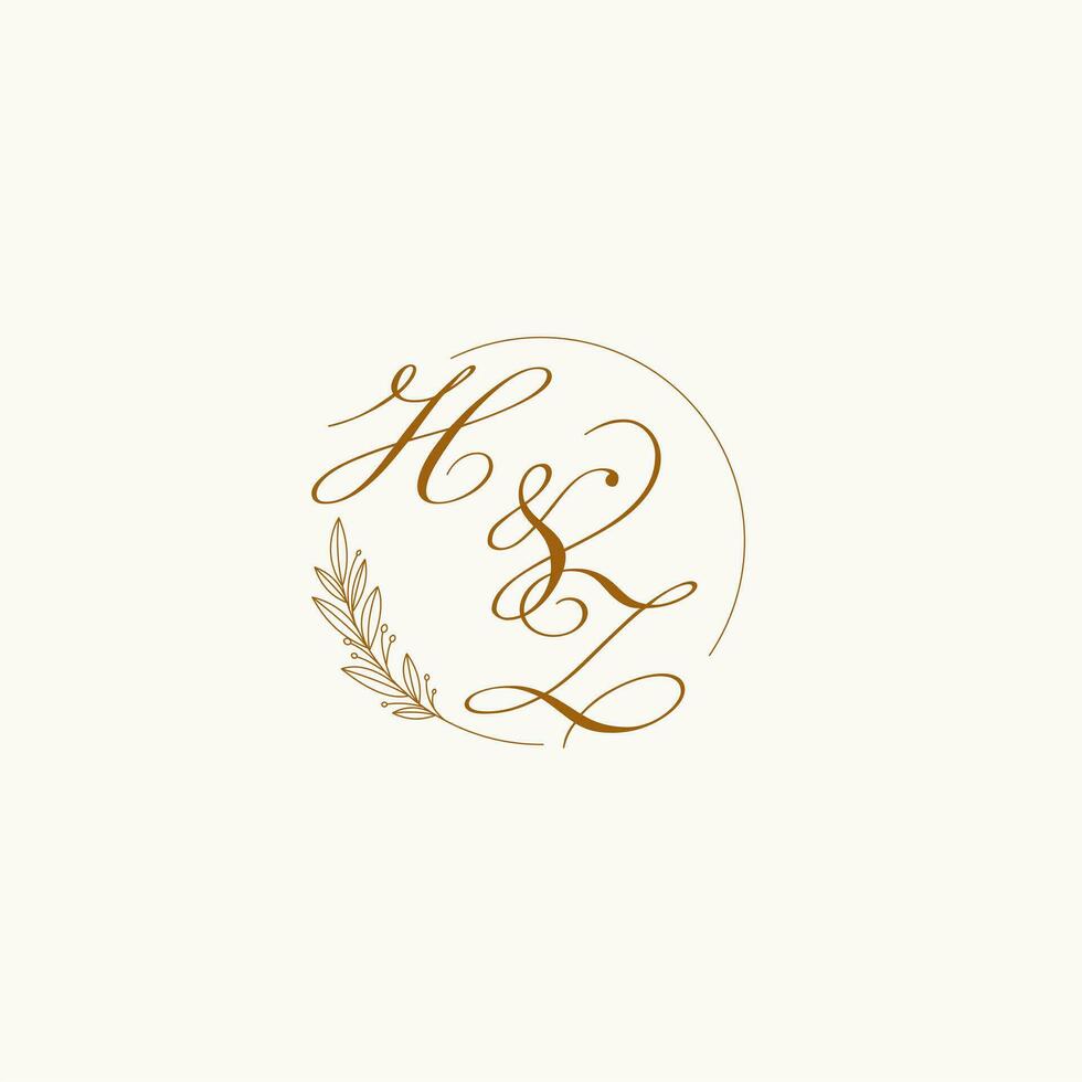 Initials HZ wedding monogram logo with leaves and elegant circular lines vector