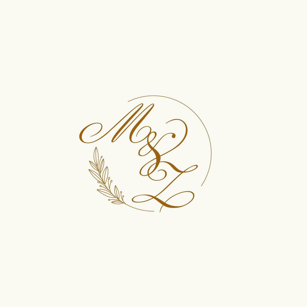 Initials MZ wedding monogram logo with leaves and elegant circular lines vector