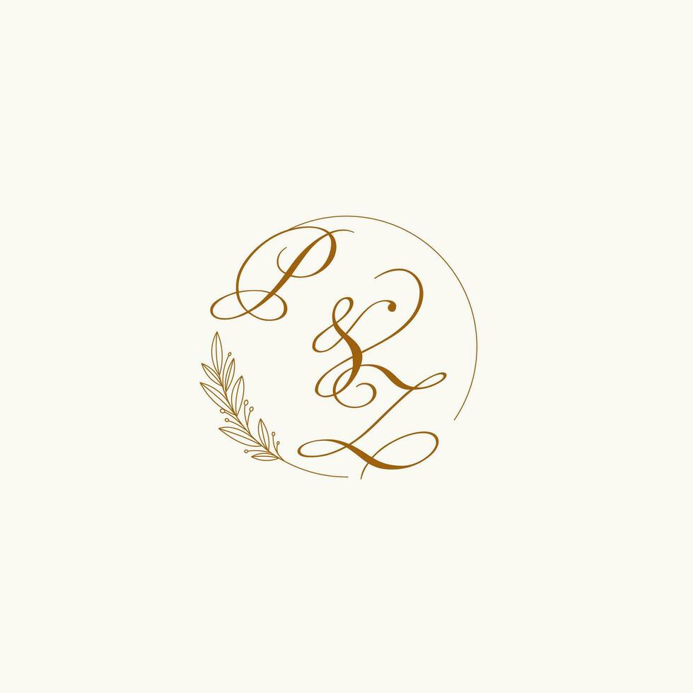Initials PZ wedding monogram logo with leaves and elegant circular lines vector