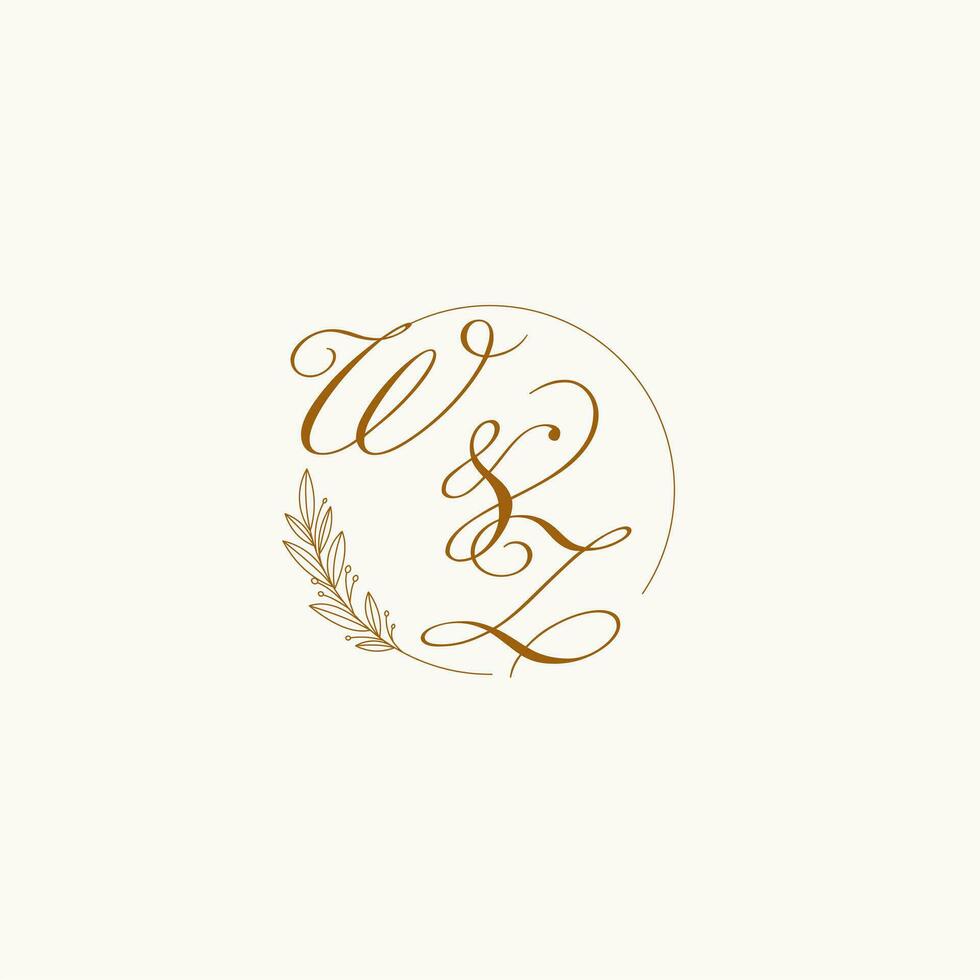 Initials WZ wedding monogram logo with leaves and elegant circular lines vector