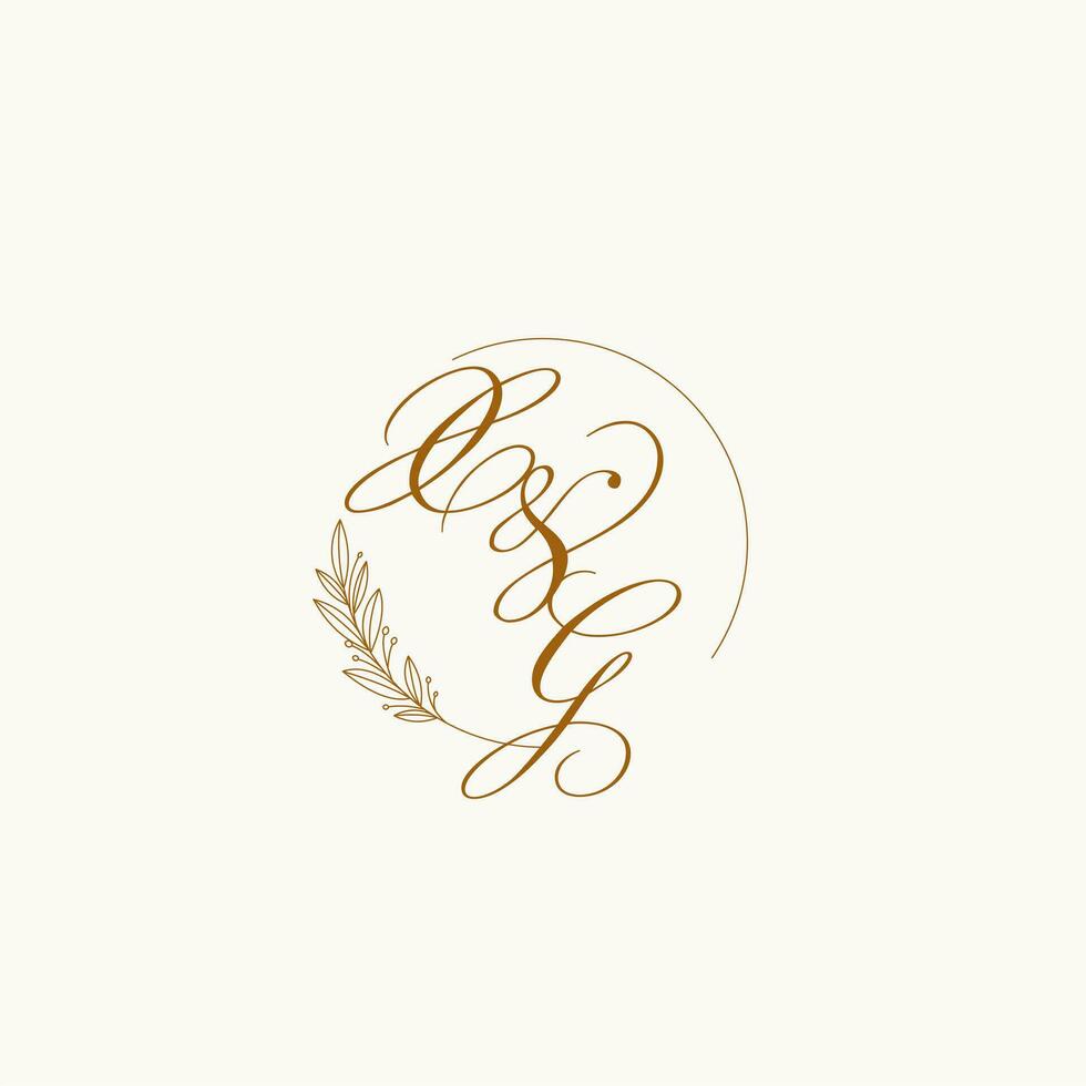 Initials XG wedding monogram logo with leaves and elegant circular lines vector