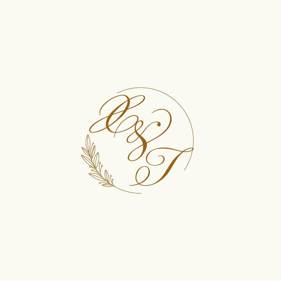 Initials XT wedding monogram logo with leaves and elegant circular lines vector