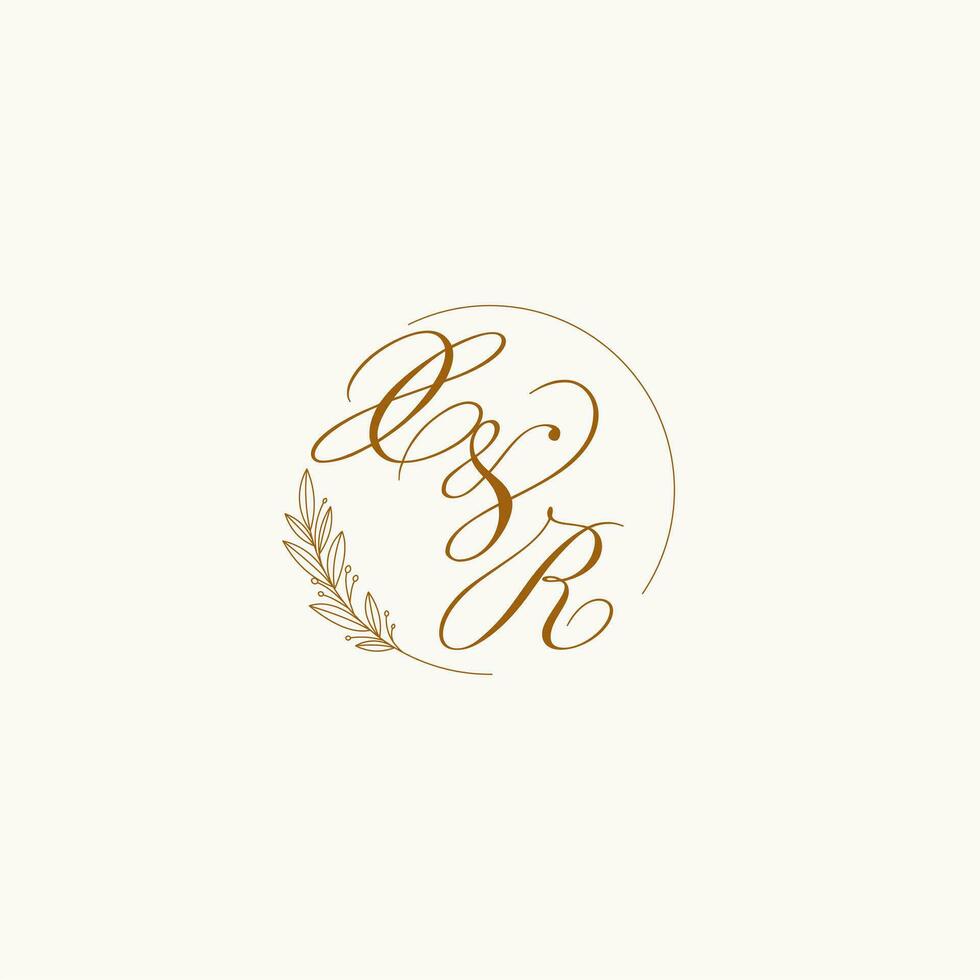 Initials XR wedding monogram logo with leaves and elegant circular lines vector