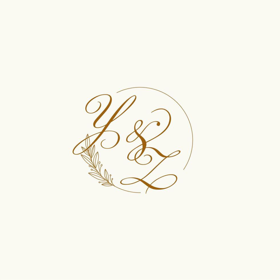 Initials YZ wedding monogram logo with leaves and elegant circular lines vector