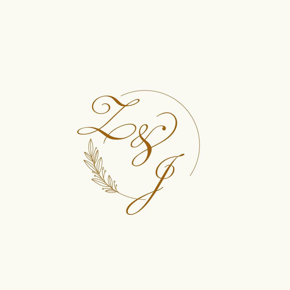 Initials ZJ wedding monogram logo with leaves and elegant circular lines vector