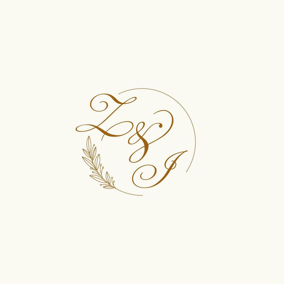 Initials ZI wedding monogram logo with leaves and elegant circular lines vector