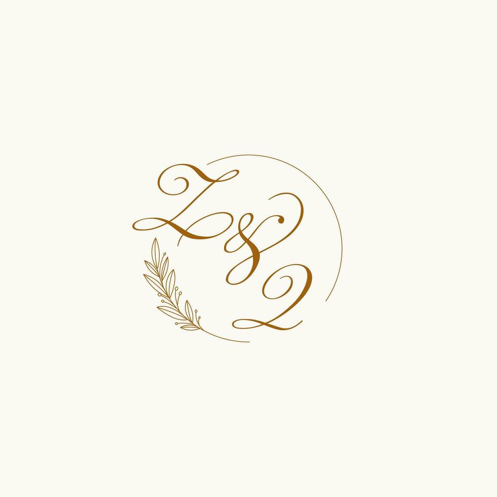 Initials ZQ wedding monogram logo with leaves and elegant circular lines vector