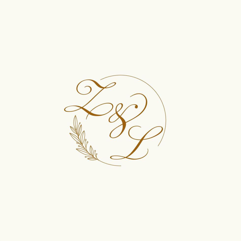 Initials ZL wedding monogram logo with leaves and elegant circular lines vector