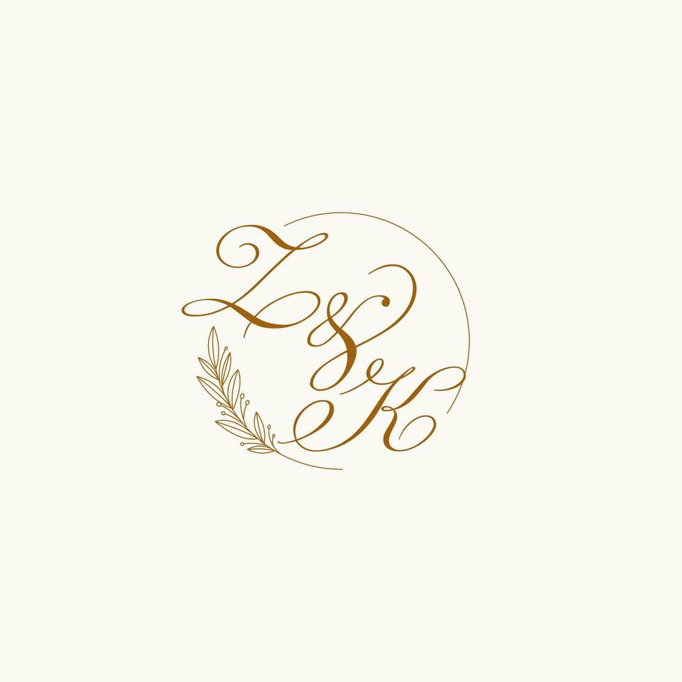 Initials ZK wedding monogram logo with leaves and elegant circular lines vector