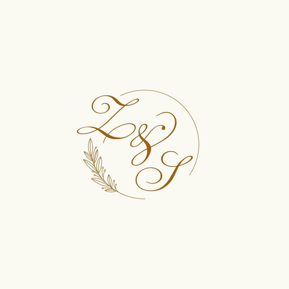 Initials ZS wedding monogram logo with leaves and elegant circular lines vector