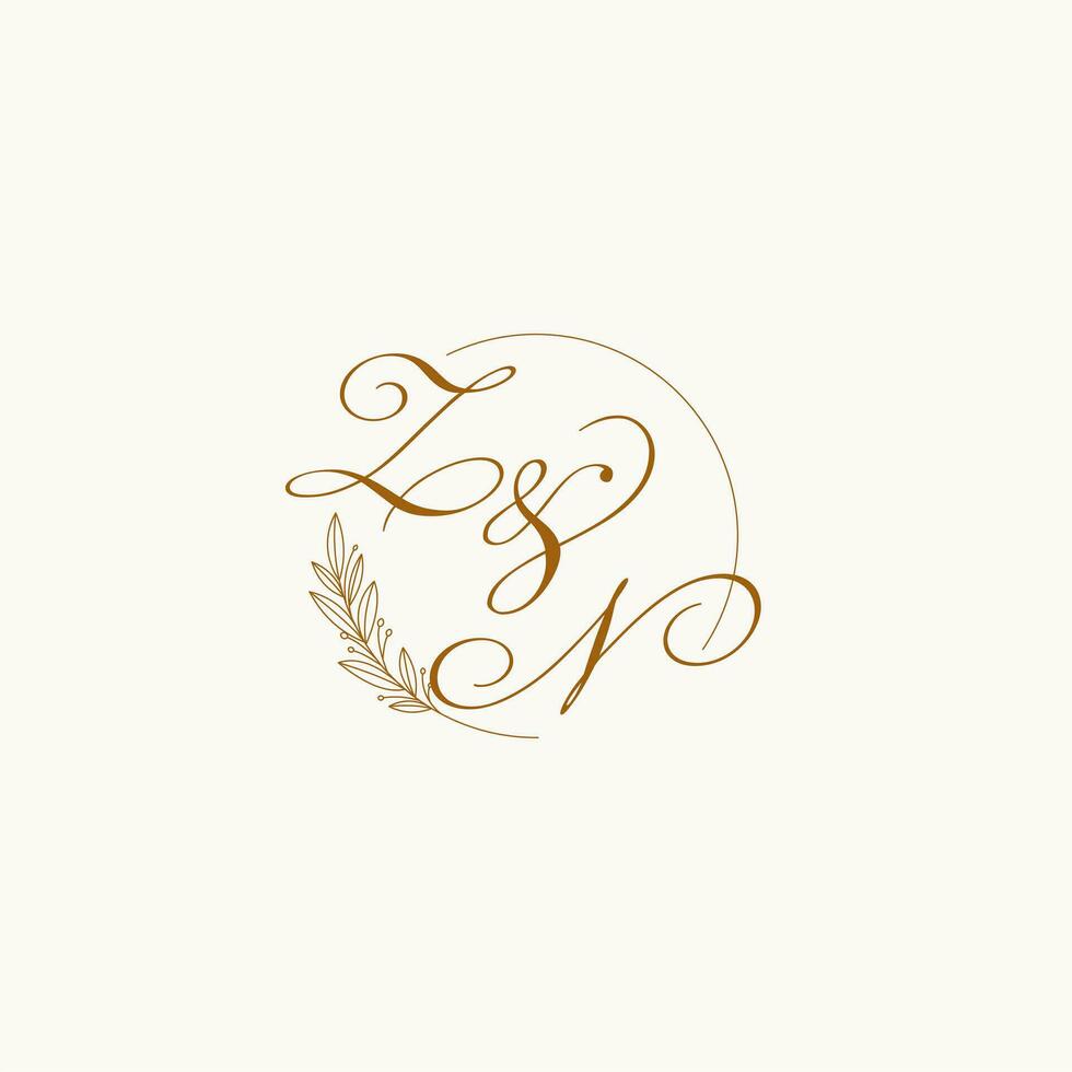 Initials ZN wedding monogram logo with leaves and elegant circular lines vector