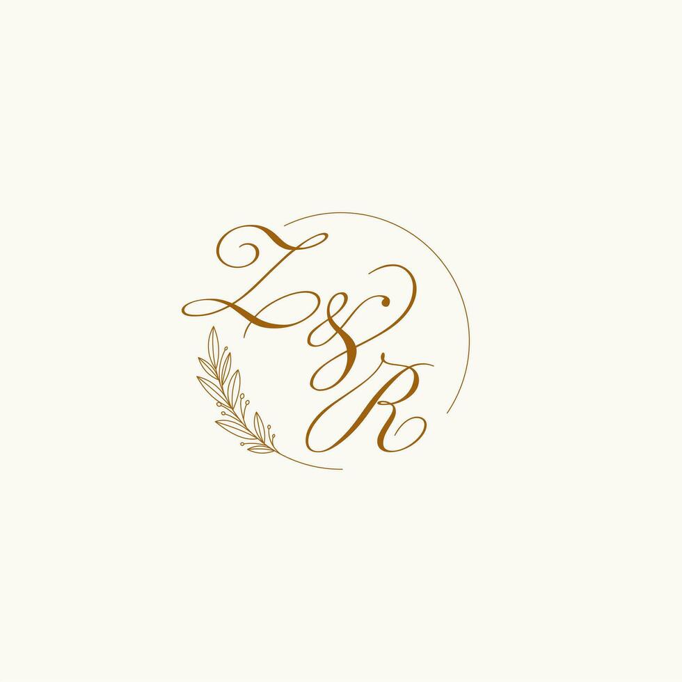 Initials ZR wedding monogram logo with leaves and elegant circular lines vector
