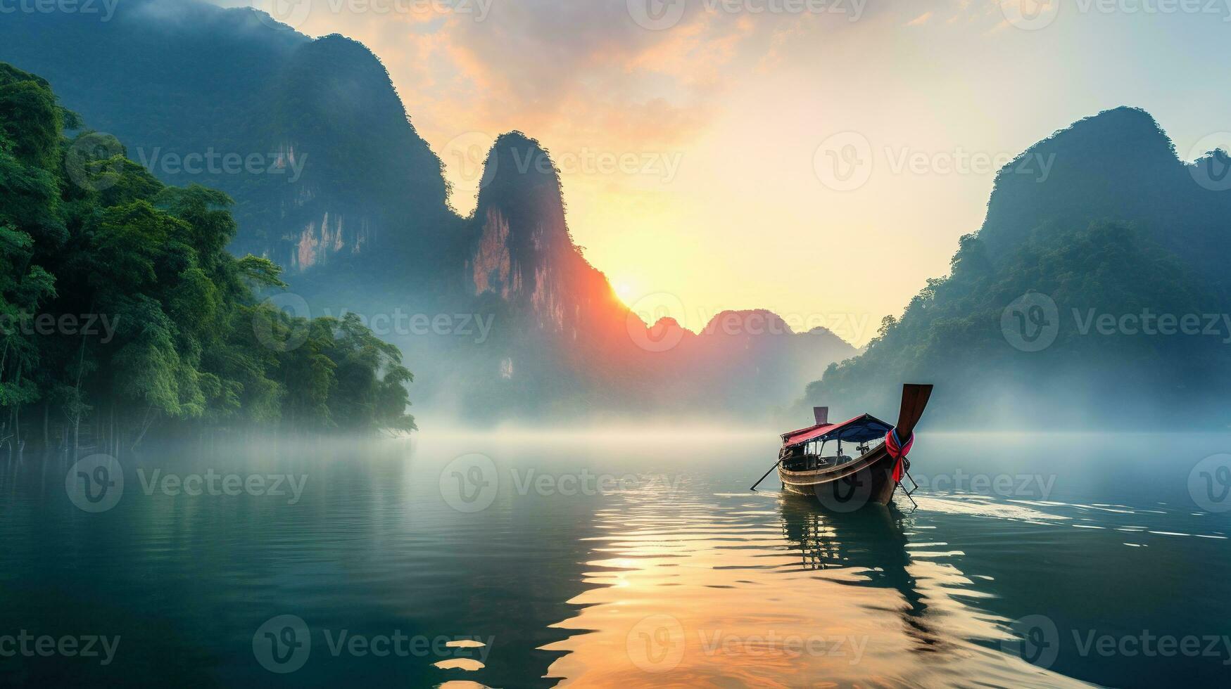 Generative AI, Beautiful seascape of Thailand with boat, ocean or sea landscape, vacation on paradise. Tropical islands photo