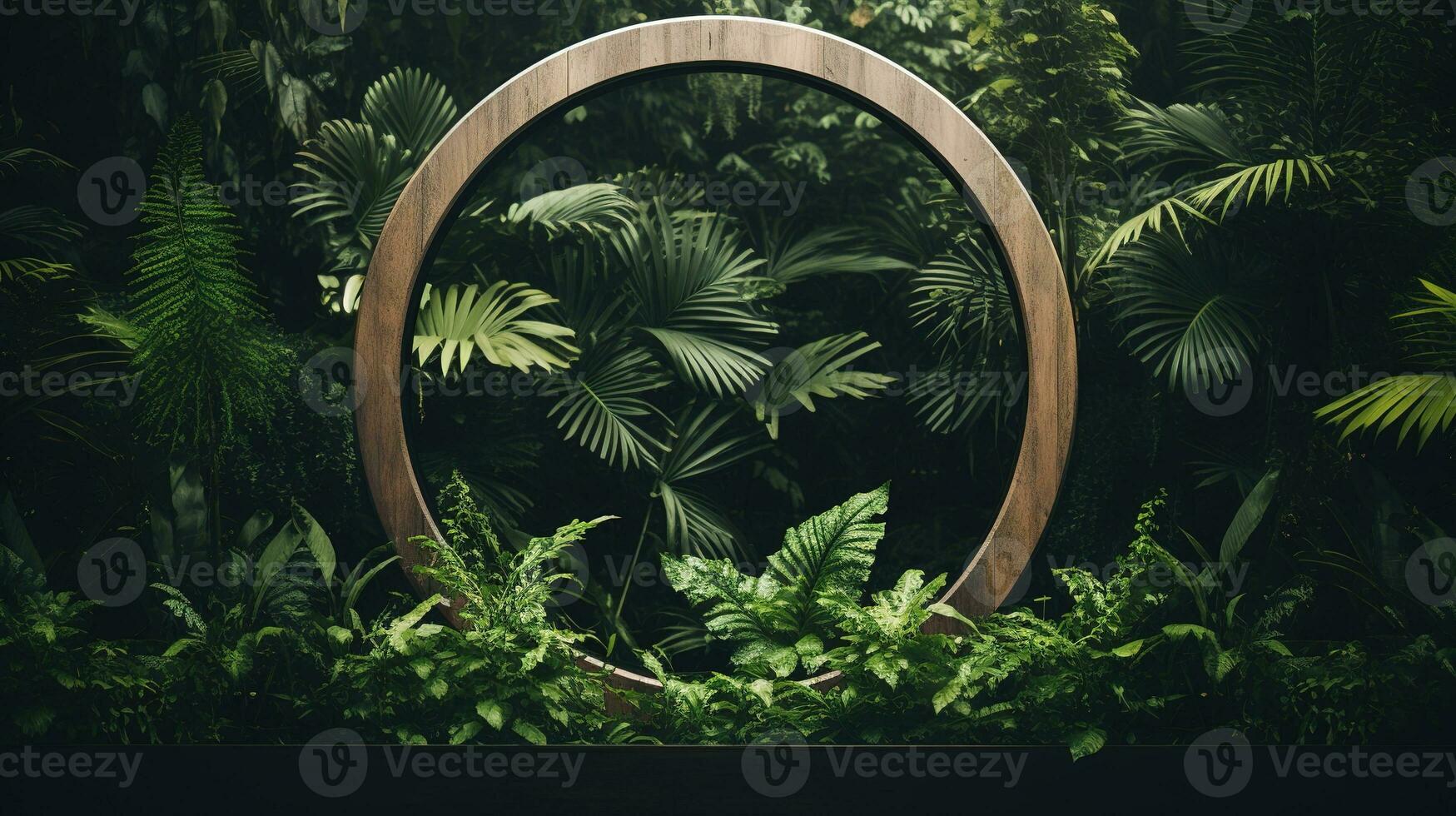 Generative AI, Empty circle wooden frame and tropical leaves on jungle background. For product display. photo