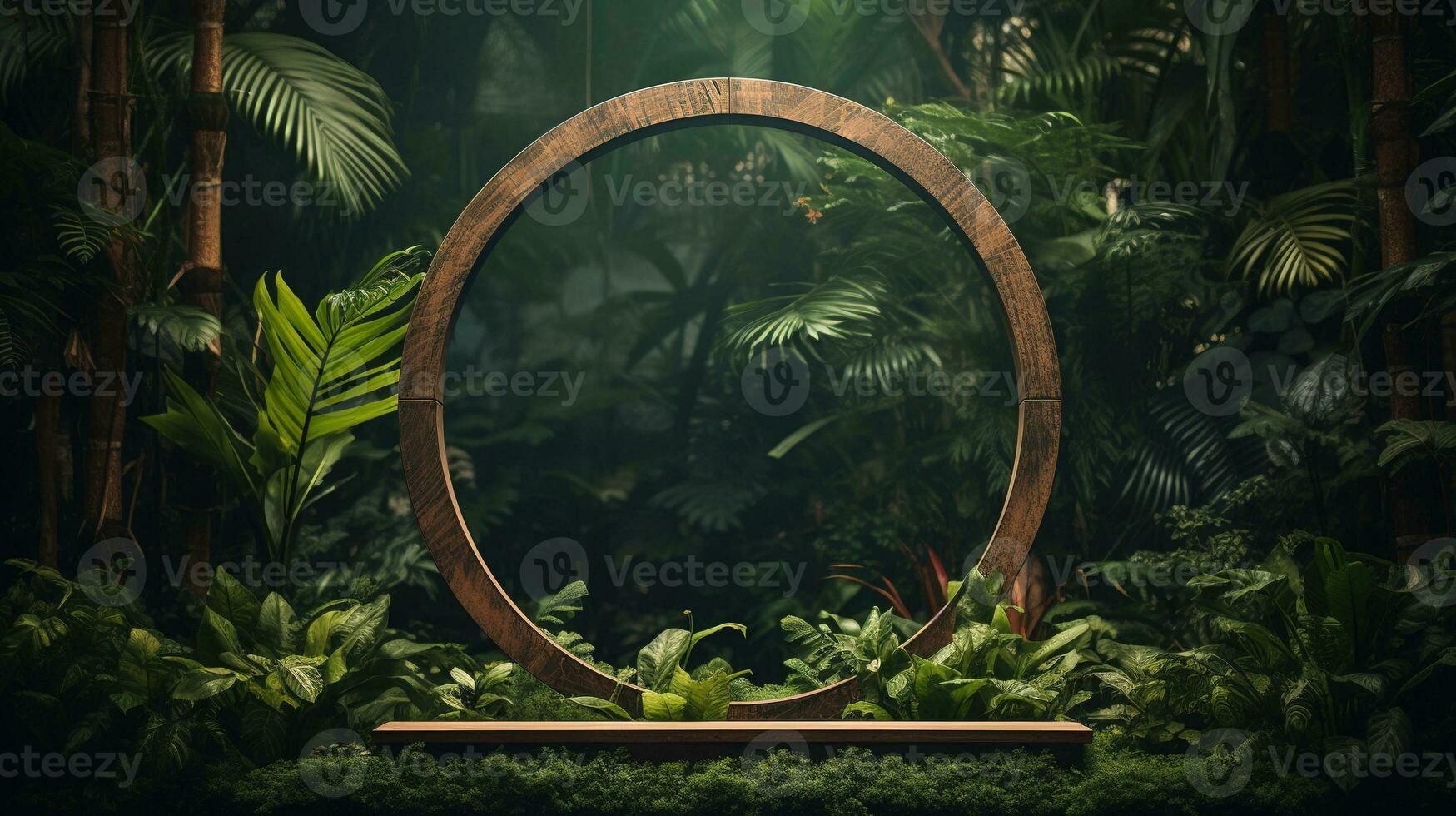 Generative AI, Empty circle wooden frame and tropical leaves on jungle background. For product display. photo