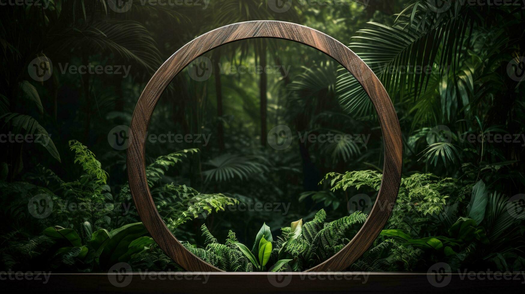 Generative AI, Empty circle wooden frame and tropical leaves on jungle background. For product display. photo