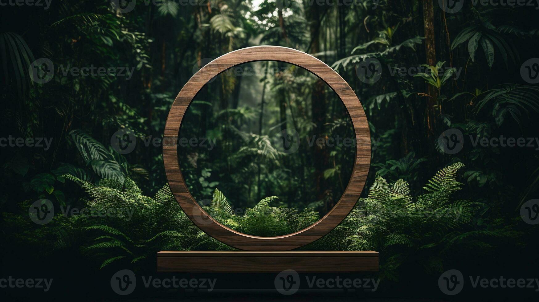 Generative AI, Empty circle wooden frame and tropical leaves on jungle background. For product display. photo