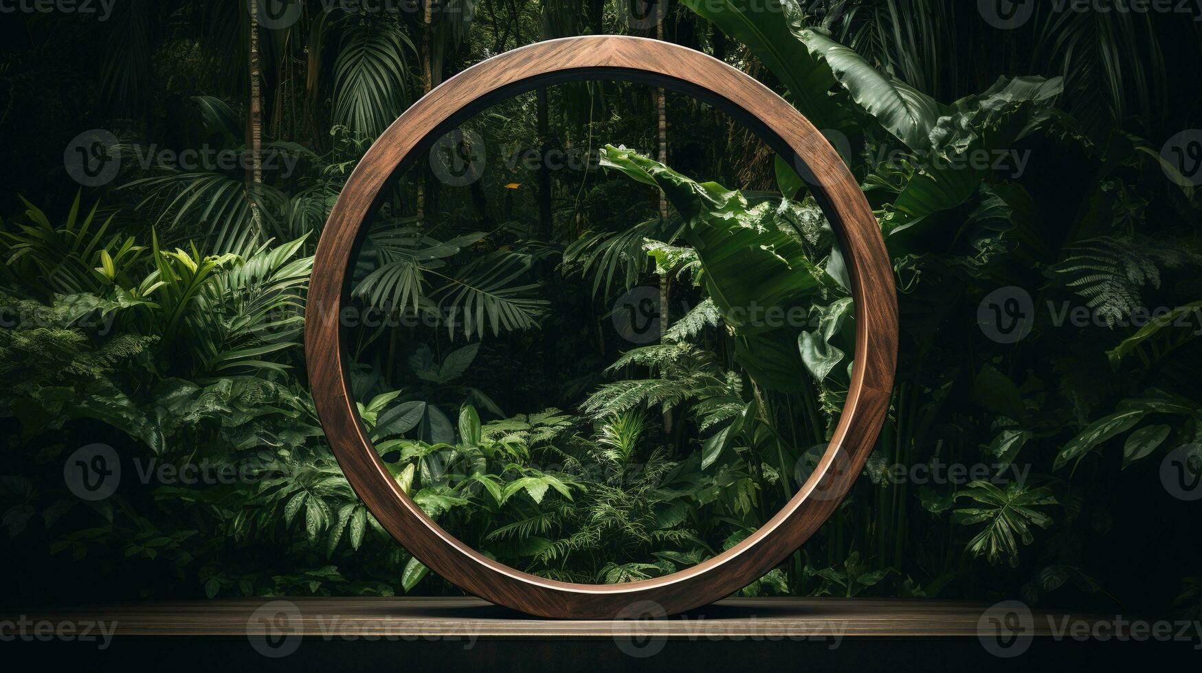 Generative AI, Empty circle wooden frame and tropical leaves on jungle background. For product display. photo