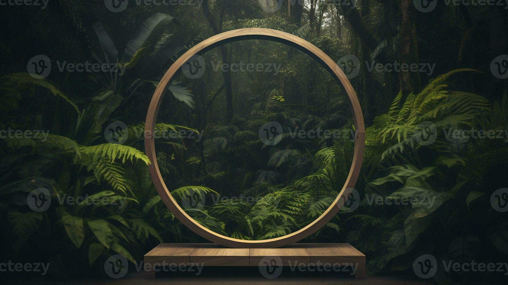 Generative AI, Empty circle wooden frame and tropical leaves on jungle background. For product display. photo
