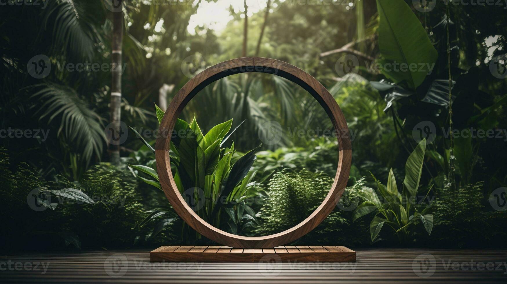 Generative AI, Empty circle wooden frame and tropical leaves on jungle background. For product display. photo