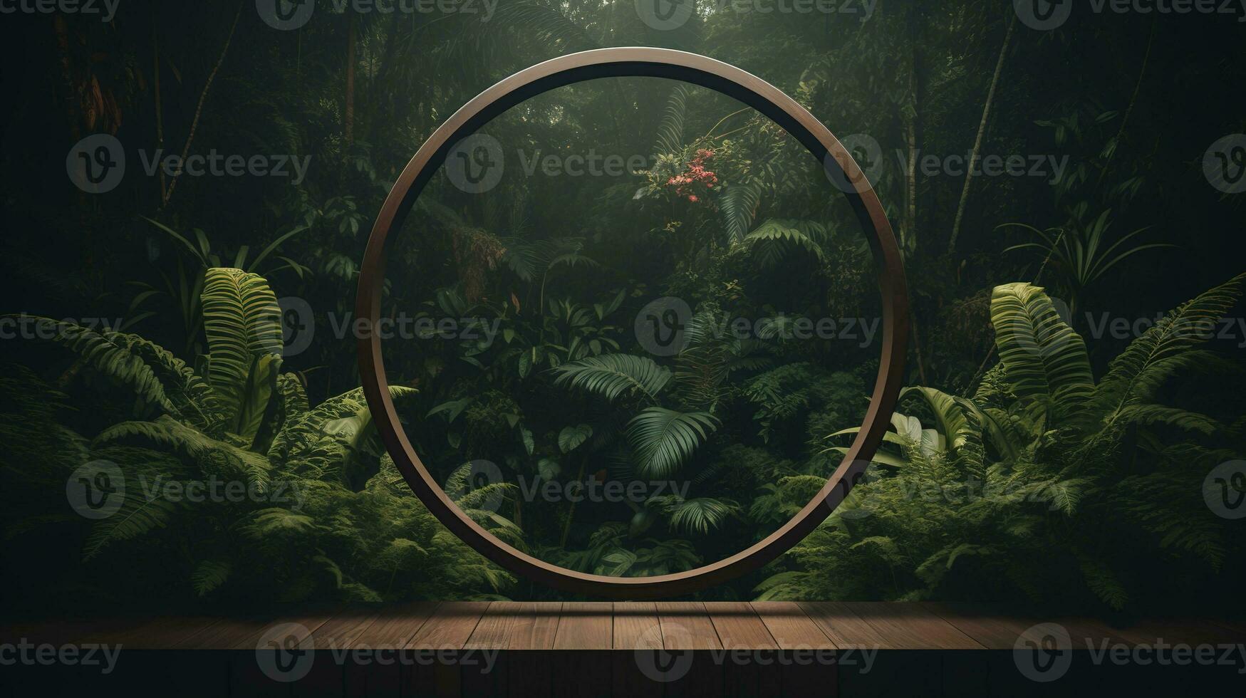 Generative AI, Empty circle wooden frame and tropical leaves on jungle background. For product display. photo